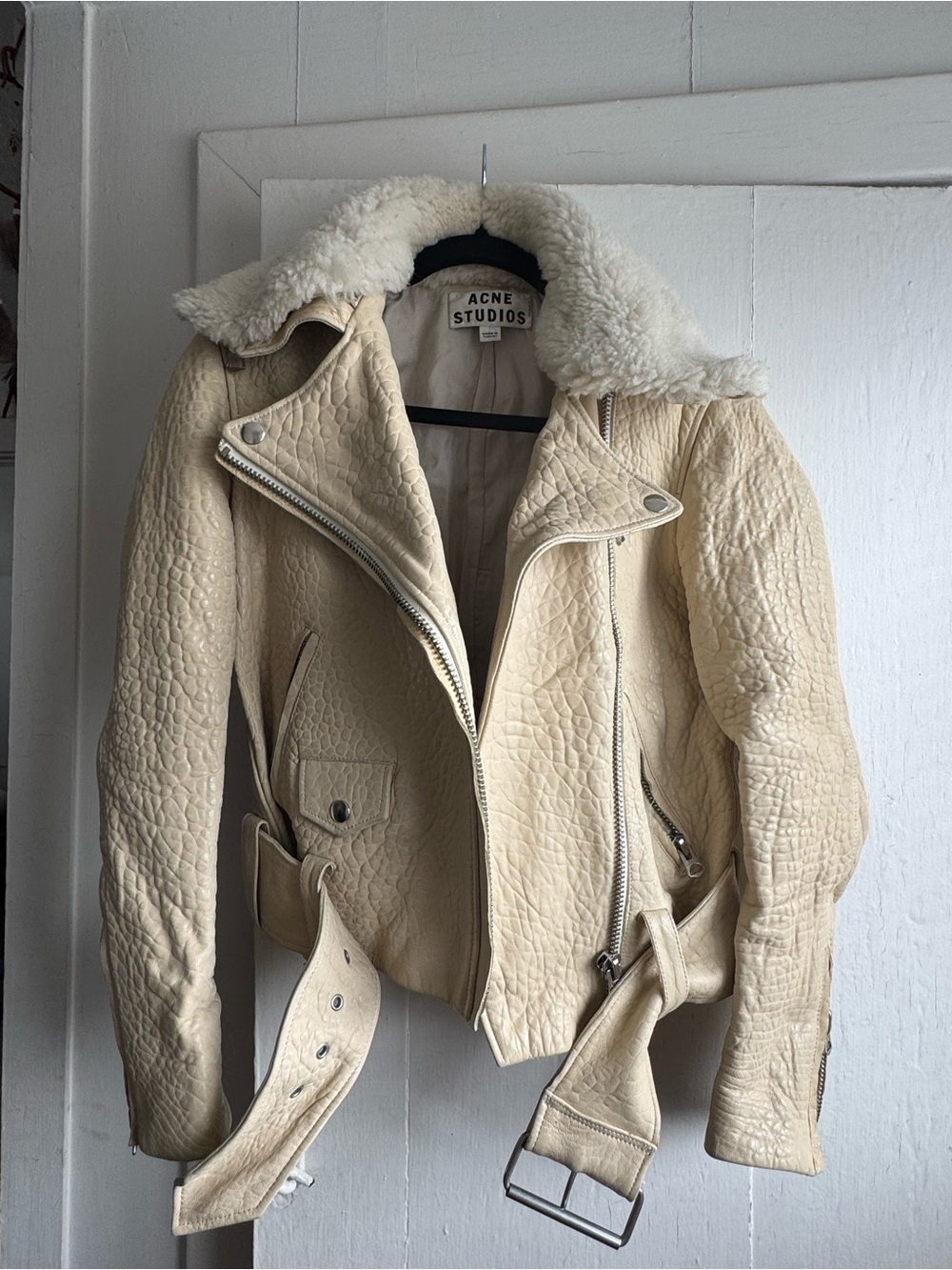 Acne Studios Cream Shearling-Collar (Removable) Leather Jacket